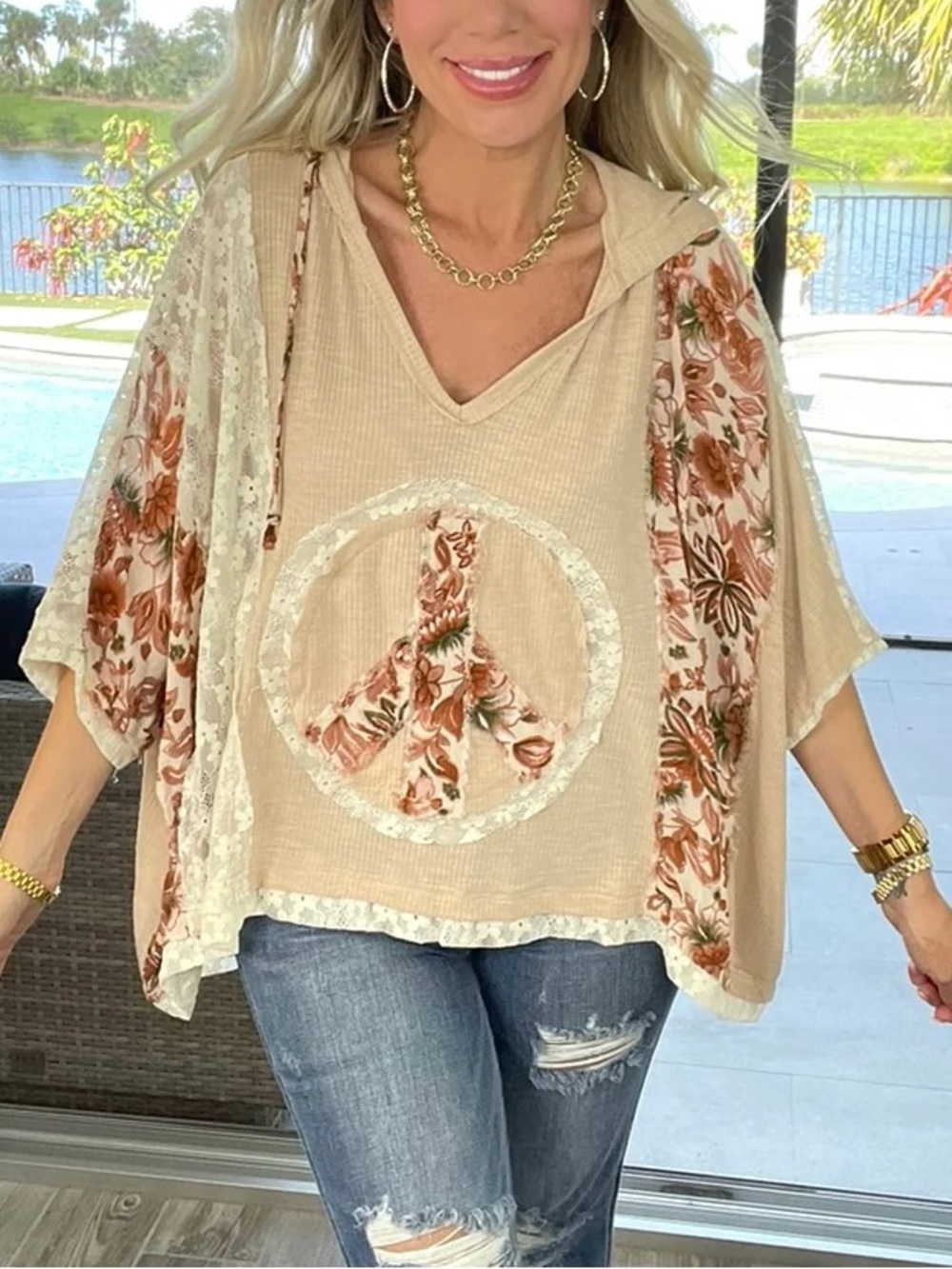 POL Peace & Flowers Patchwork Lace Shabby Chic Boxy Hoodie Oversized Top Small